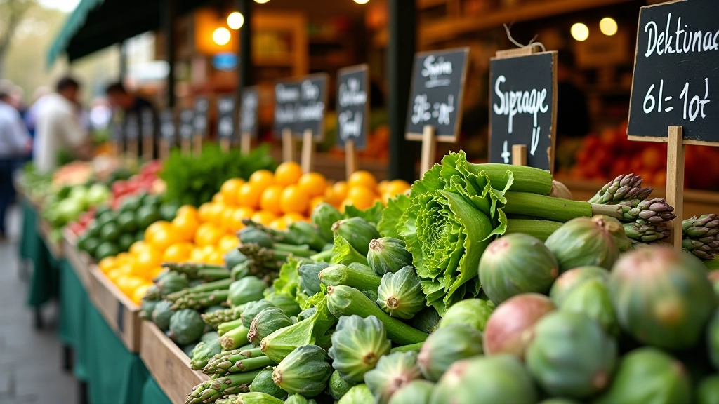 Marché avec étals organisés par saison, affichages des prix des produits frais d'avril