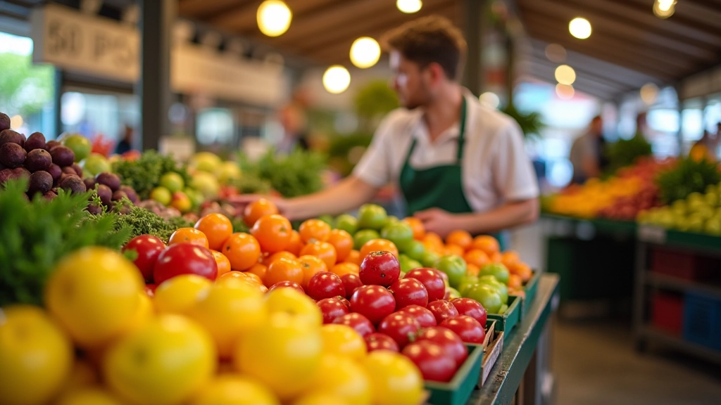 Étal de marché avec fruits et légumes frais de saison