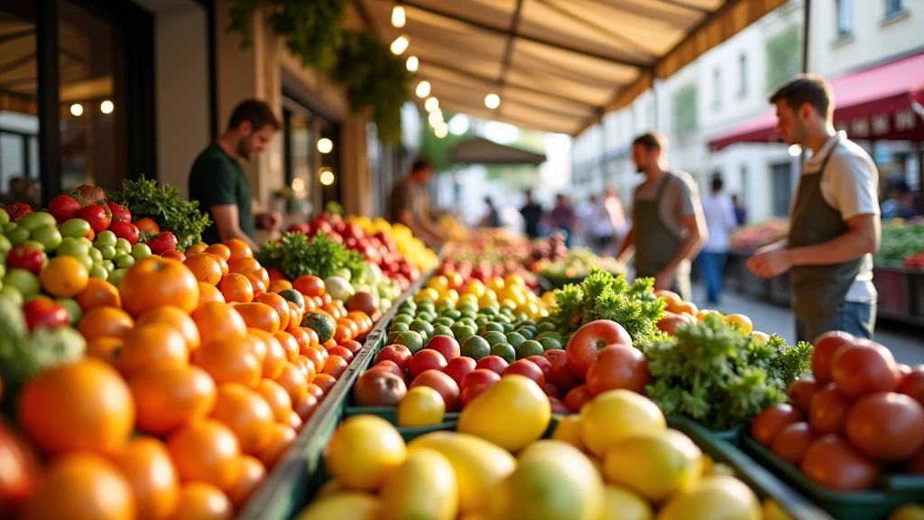 Marché français avec produits de saison, paniers remplis de fruits et légumes colorés, vendeurs à l'arrière-plan