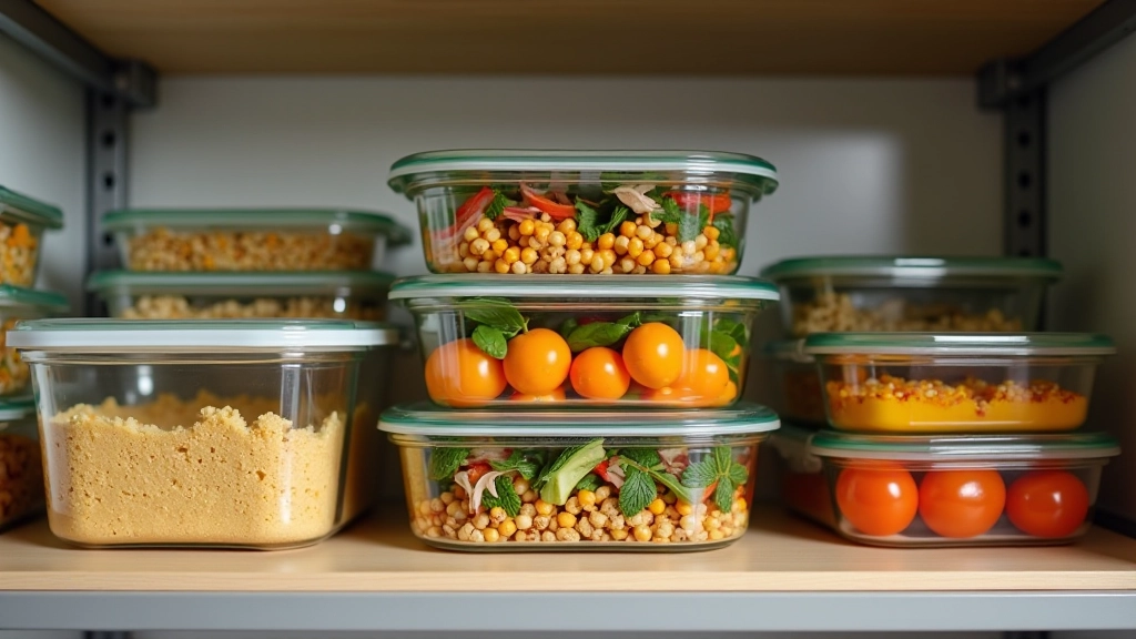 Rangée de récipients en verre hermétiques avec différents plats cuisinés, étiquetés avec dates de préparation