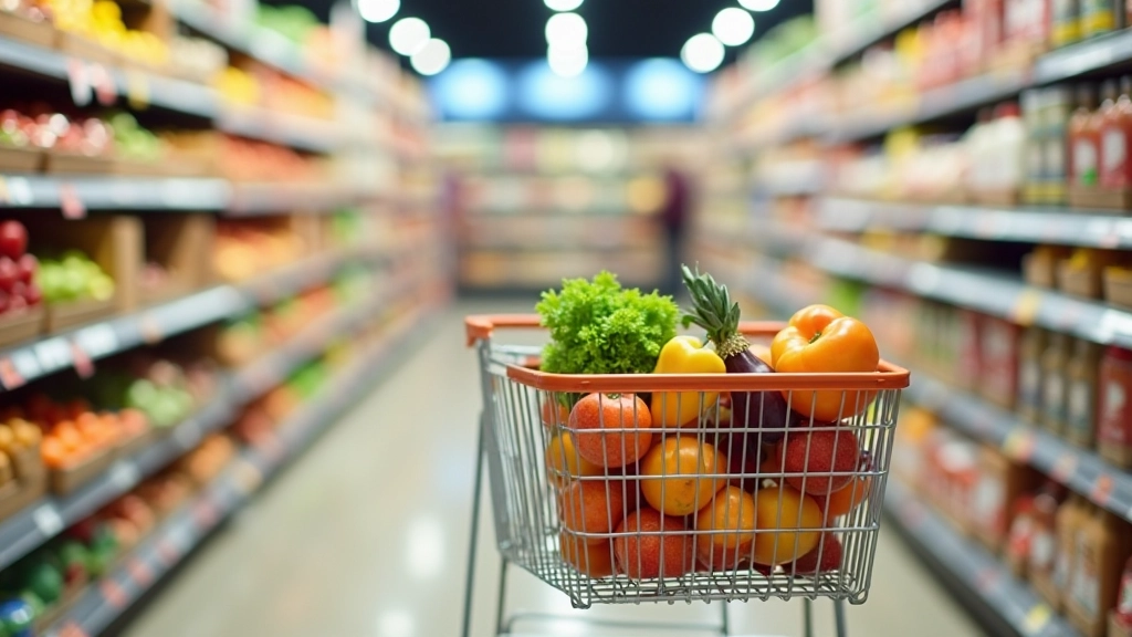 Panier d'épicerie avec produits hard-discount, étiquettes de prix visibles sur les rayons