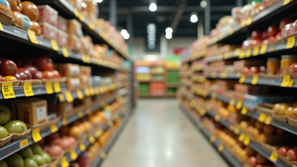 Comparaison des rayons d'un hard-discount avec prix affichés clairement, étiquettes jaunes simples, produits empilés