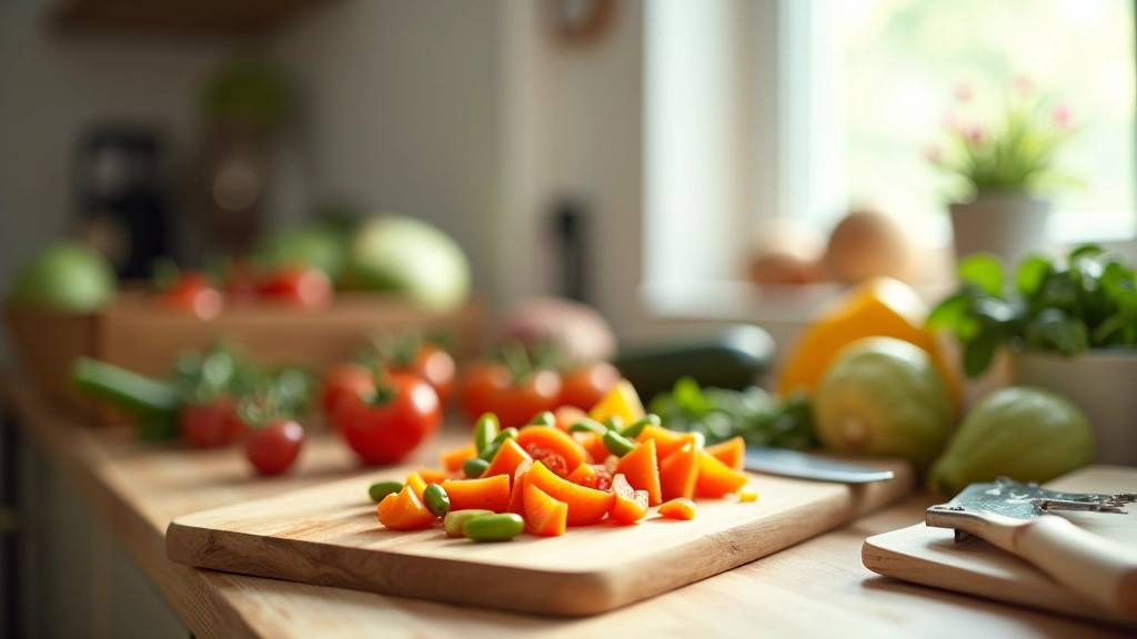 Plan de travail avec légumes frais préparés, planche à découper avec aliments tranchés prêts à cuire