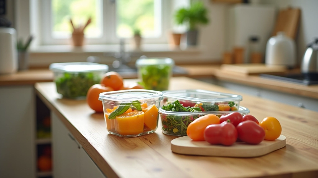 Scène de cuisine avec contenants en verre et préparations alimentaires