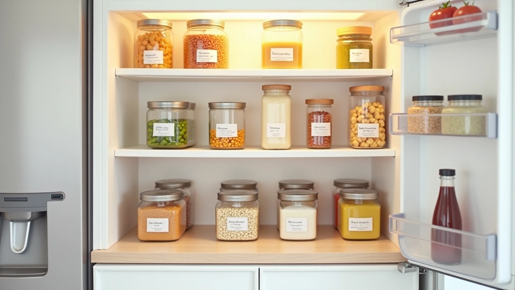 Cuisine moderne avec aliments stockés intelligemment, conteneurs hermétiques, étiquettes de date, organisation efficace