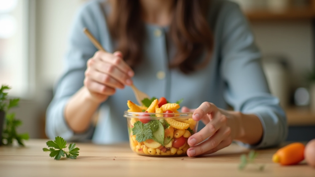 Main tenant une fourchette sur un plat préparé, repas organisé dans une boîte en verre, cuisine propre en arrière-plan