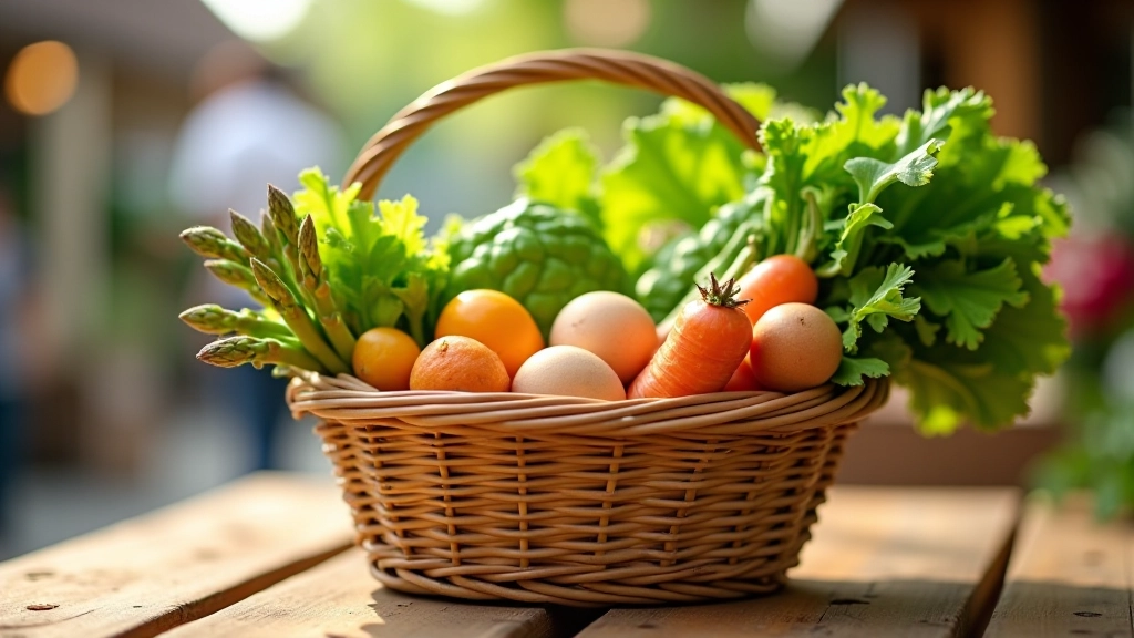 Panier de courses avec produits d'avril : asperges, carottes, oeufs, laitue et pommes de terre