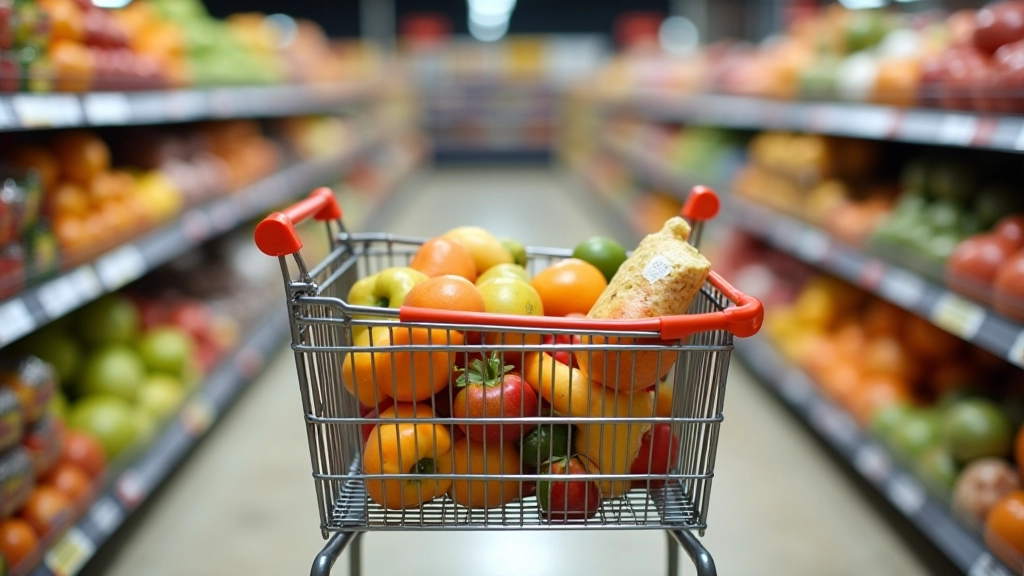 Panier d'épicerie montrant comparaison hard-discount vs supermarché, étiquettes de prix visibles