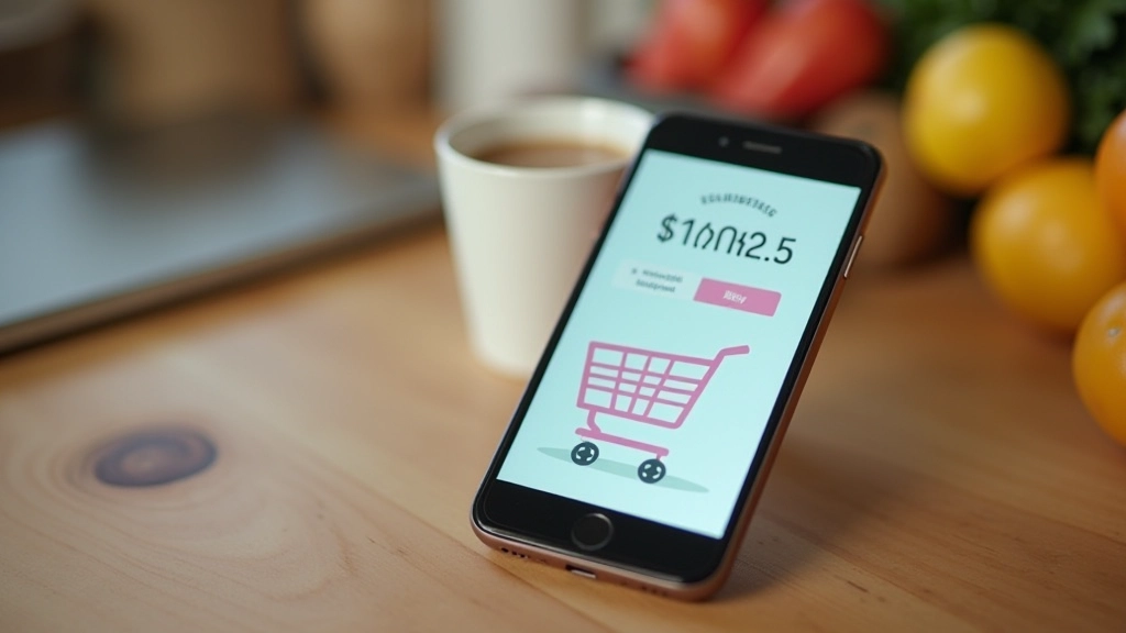 Smartphone affichant l'application d'un drive de supermarché avec panier plein, écran de commande visible, café à côté du téléphone