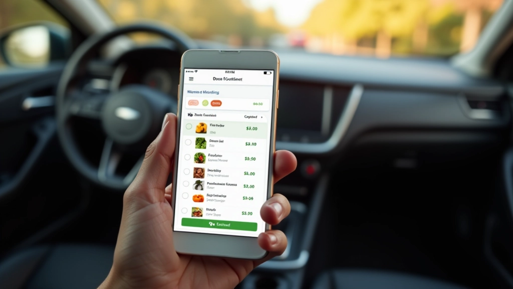 Écran de smartphone montrant un panier de drive avec 15 articles variés, prix affichés, fond d'une voiture stationnée