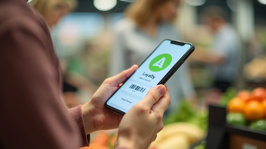 Application mobile de fidélité, code-barres scanné, réduction affichée sur téléphone à la caisse