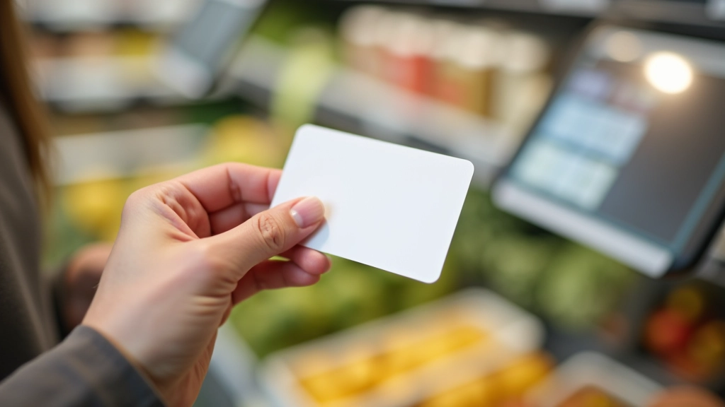 Gros plan d'une main tenant une carte de fidélité plastique blanche devant une caisse de supermarché, écran de paiement en arrière-plan