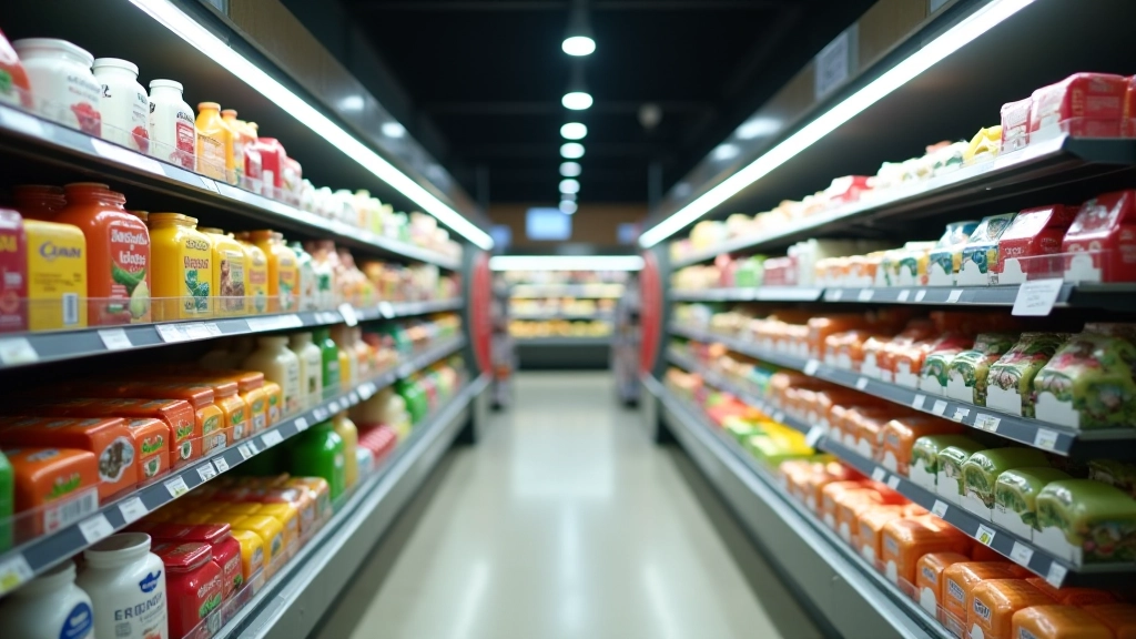 Produits de marque traditionnelle sur rayons bien éclairés de supermarché, variété colorée d'emballages