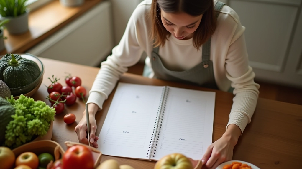 Femme planifiant un menu hebdomadaire avec des produits de saison, cahier et stylo sur table de cuisine