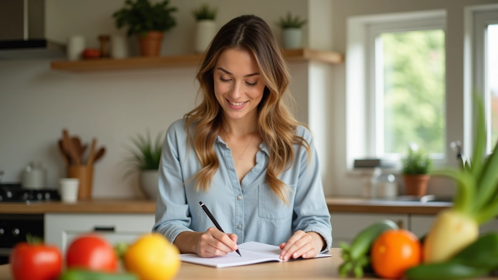 Femme planifiant ses menus hebdomadaires avec des produits de saison